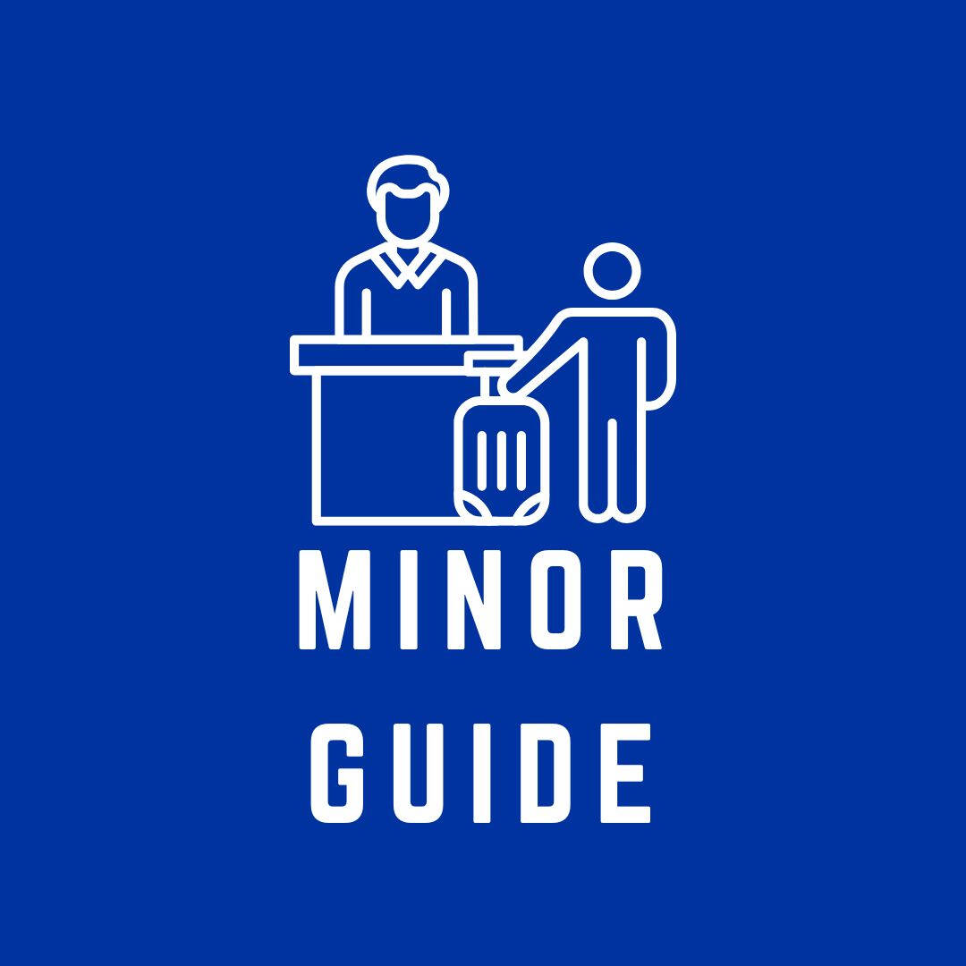 blue logo for hospitality and tourism management major, image is a drawing of person behind podium, another person standing with suitcase, above text that reads "minor guide"